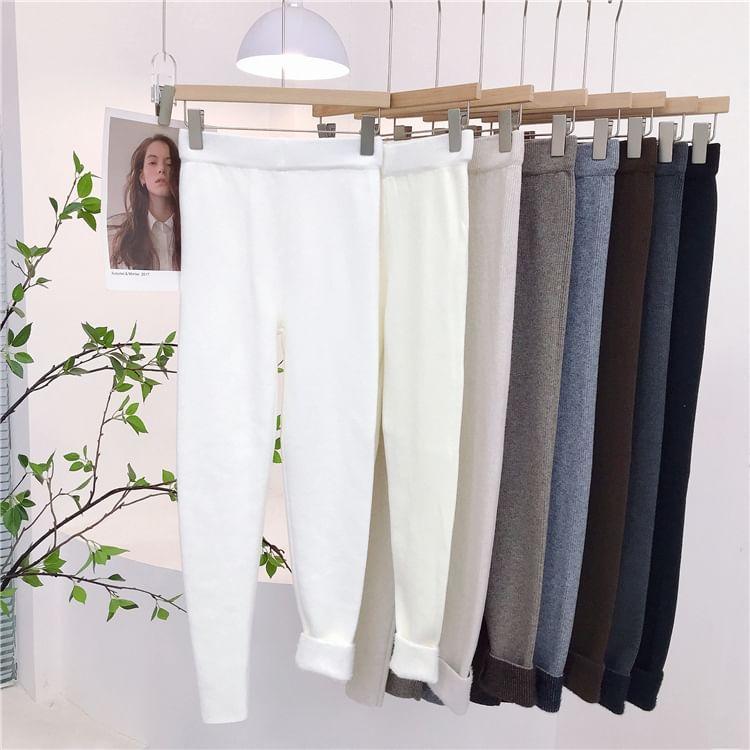 Elastic Waist Fleece-Lined Ribbed Leggings Product Image