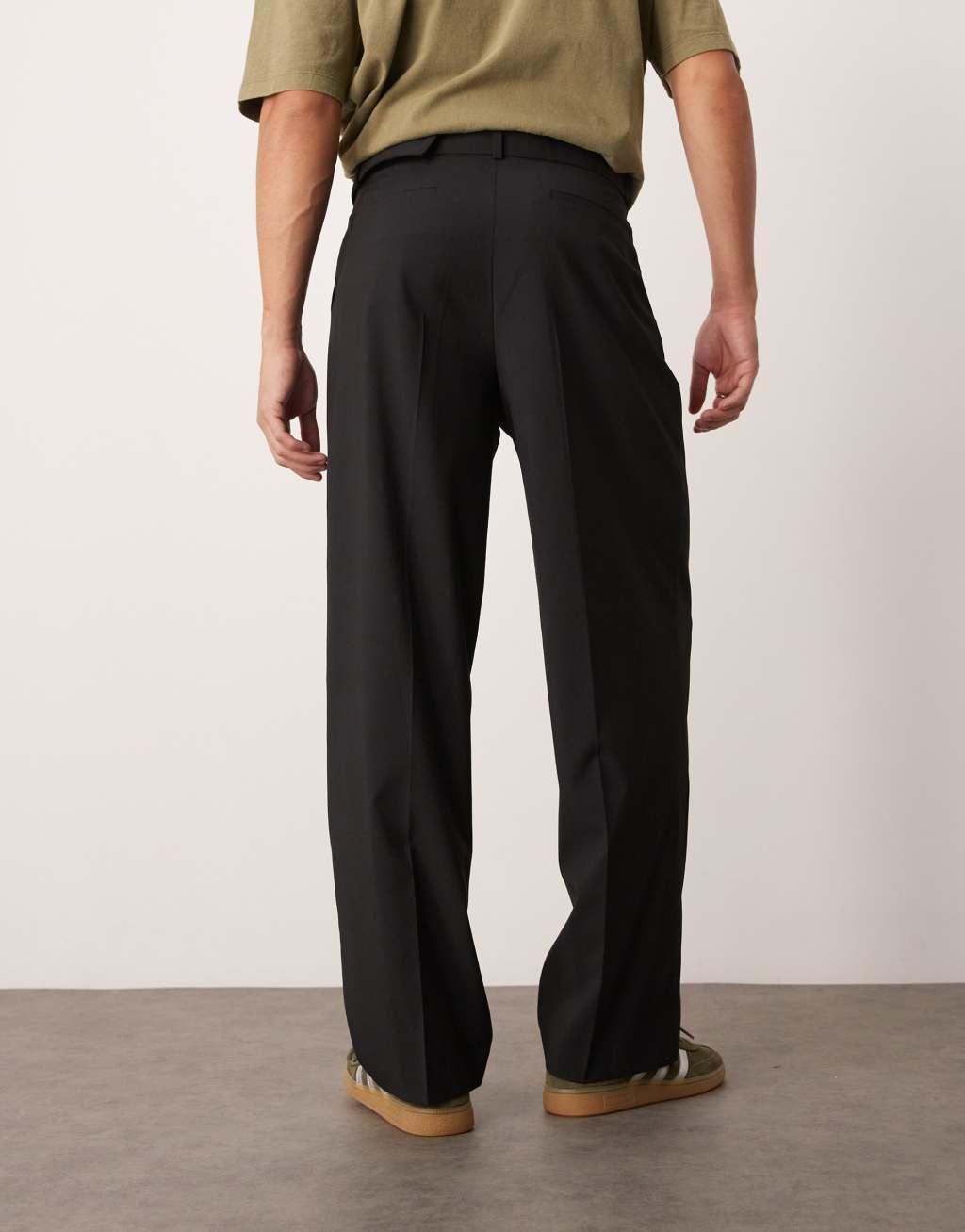 ASOS DESIGN smart wide leg pants with belt detail in black Product Image