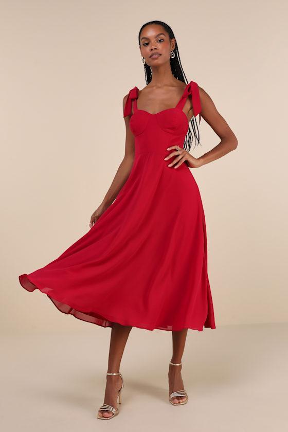 Sophisticated Charisma Berry Red Tie-Strap A-Line Midi Dress Product Image