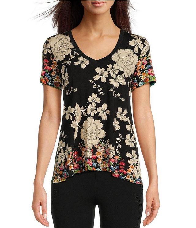 JOHNNY WAS Redland Favorite Bamboo Stretch Knit Floral Print V-Neck Short Sleeve Tee Shirt Product Image