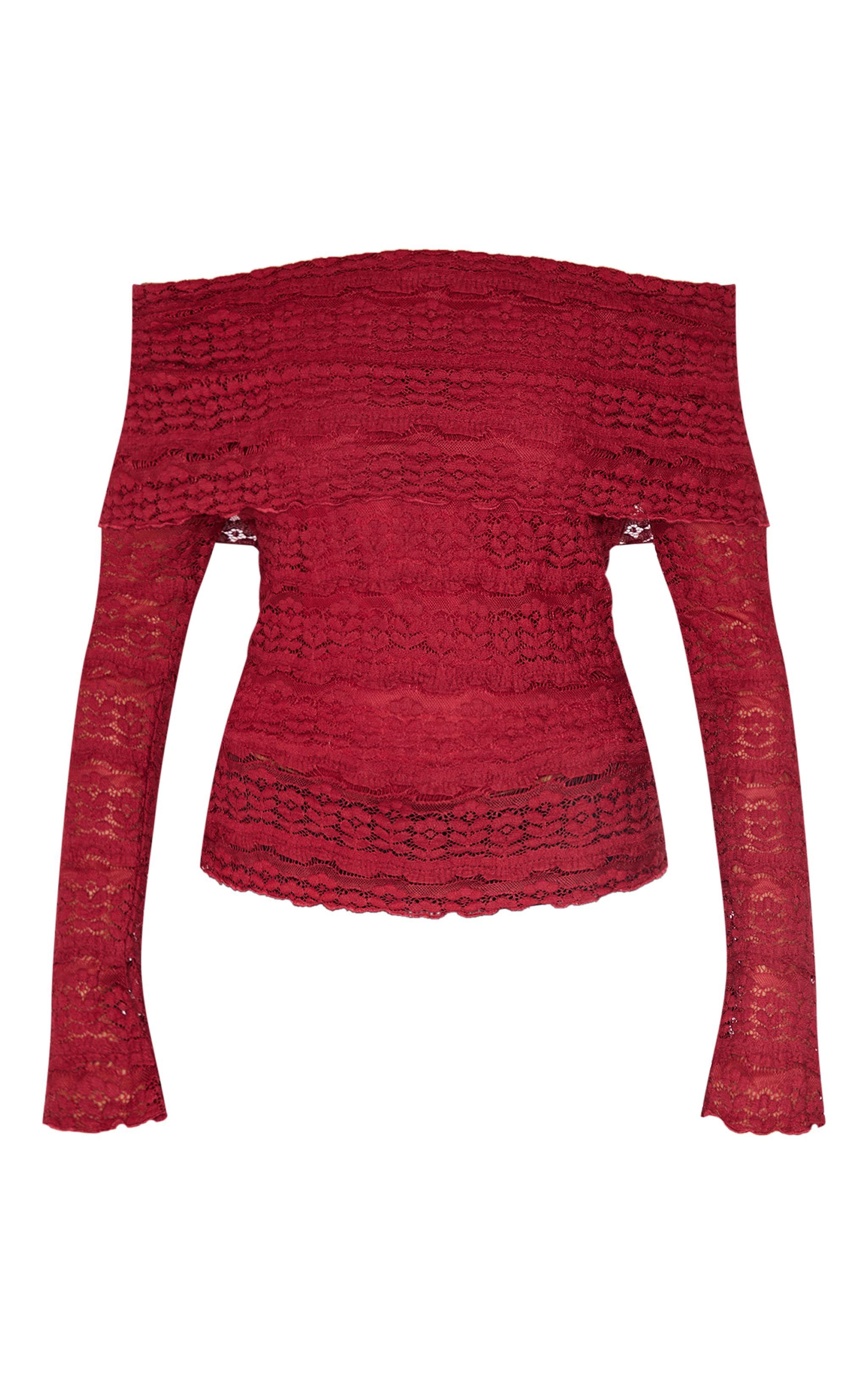 Burgundy Textured Bardot Long Top Product Image