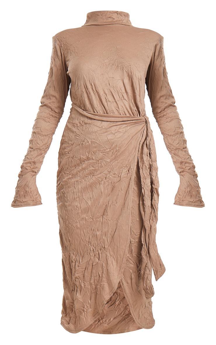 Mocha Crinkle High Neck Wrap Midi Dress Product Image