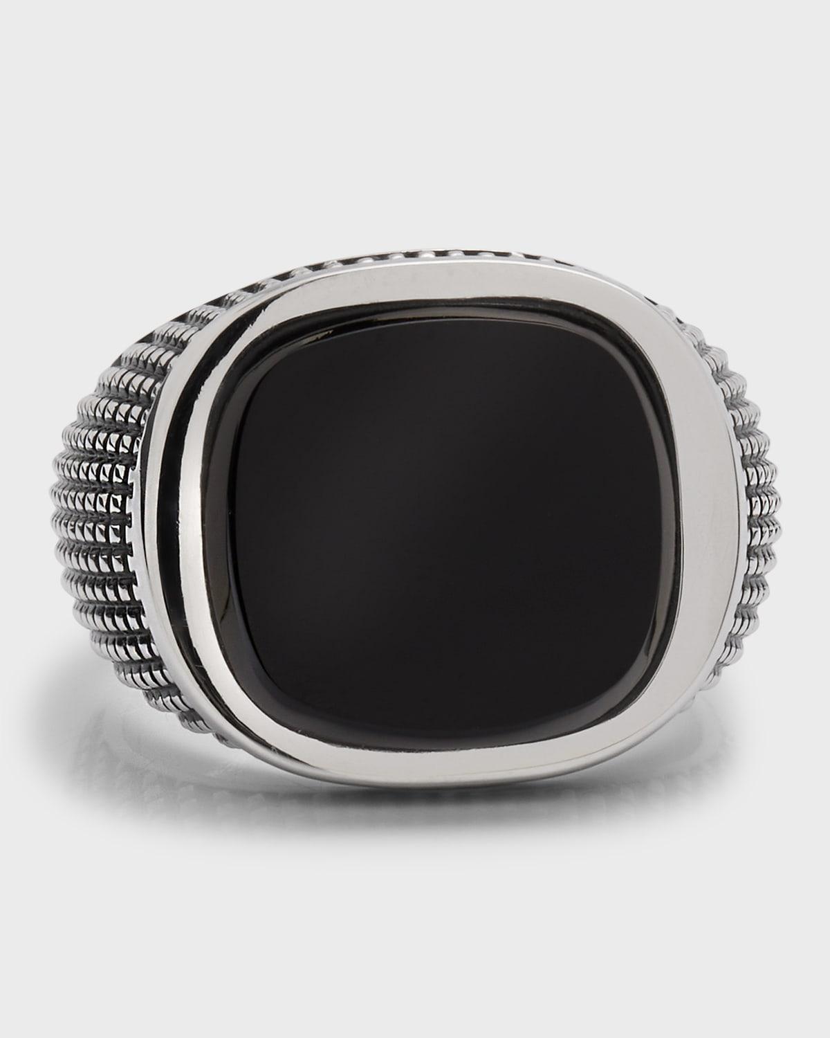 Mens Cross Etched Onyx & Sterling Silver Ring Product Image