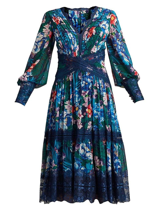 Tadashi Shoji Floral Print Lace Pleat Long Sleeve Midi Dress Product Image