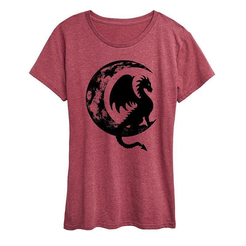 Womens Dragon Sitting On Crescent Moon Graphic Tee Grey Gray Product Image