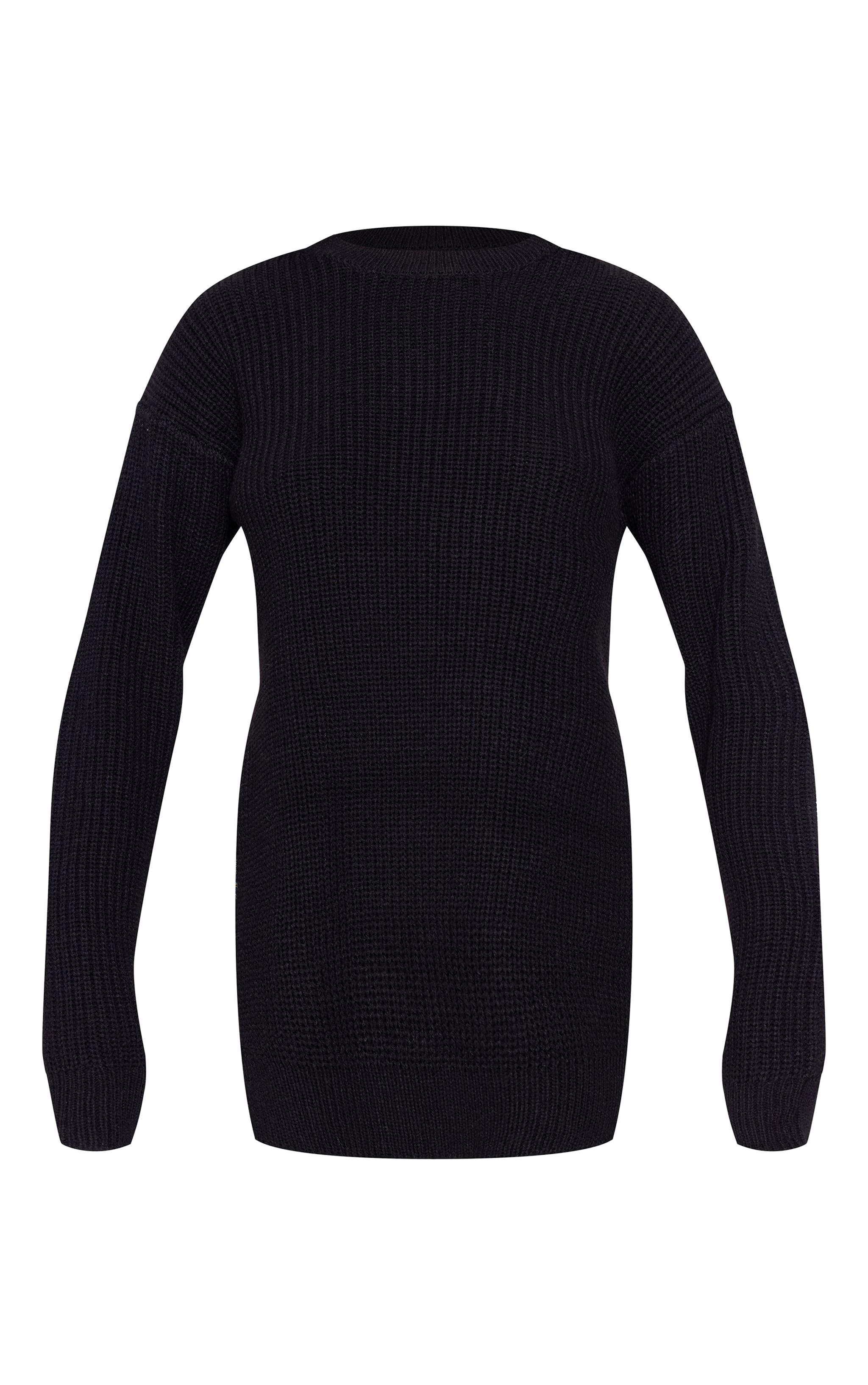 Black Round Neck Side Split Knit Sweater Product Image