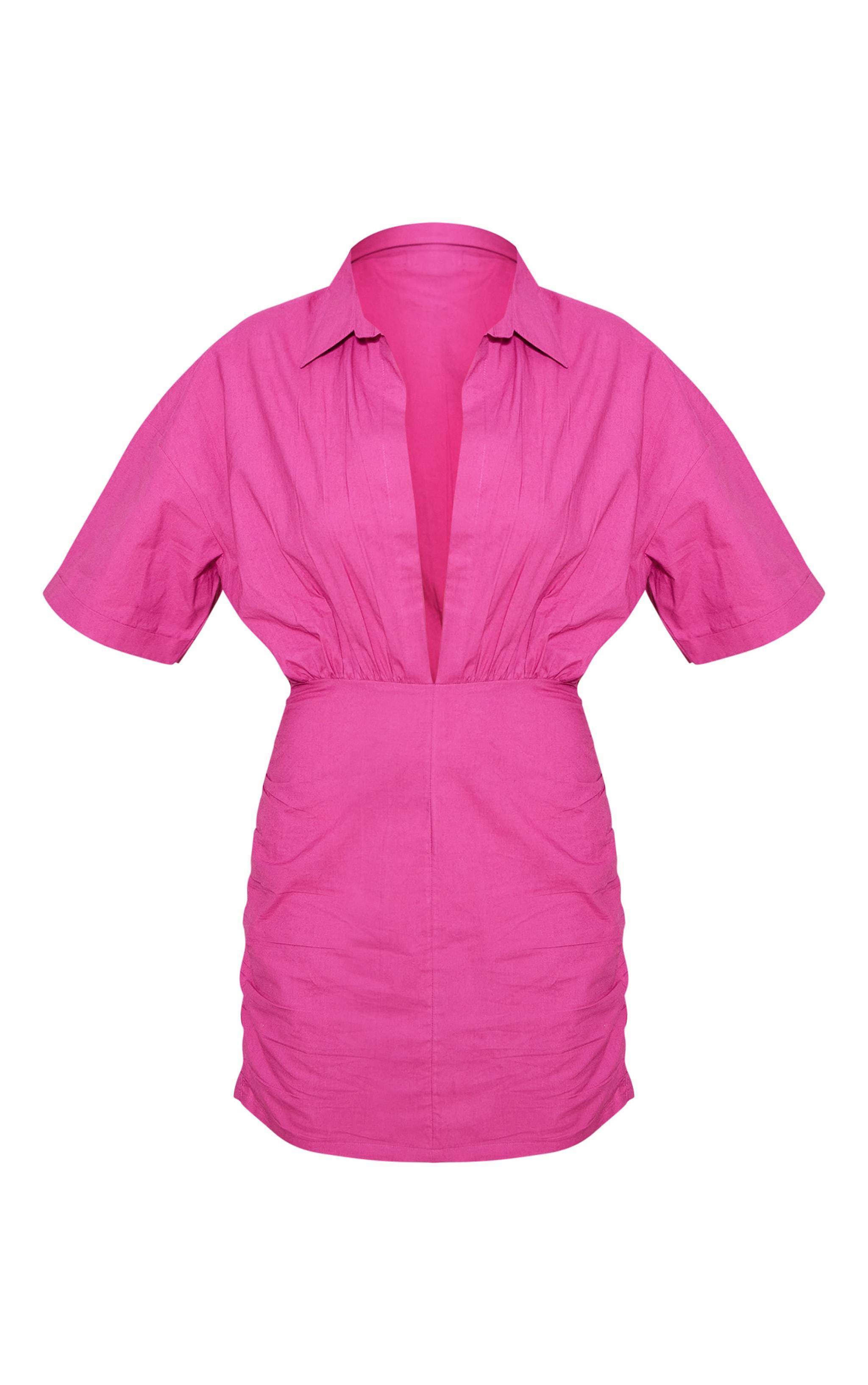 Hot Pink Cotton Poplin Ruched Shirt Dress Product Image