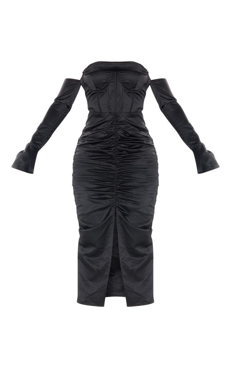 Black Premium Constructed Satin Draped Front Midi Dress Product Image