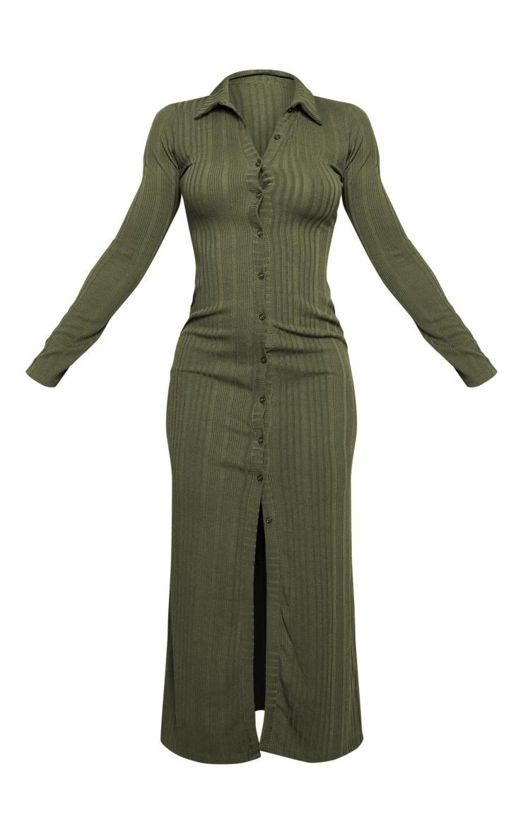 Khaki Ribbed Button Long Sleeve Midaxi Dress Product Image