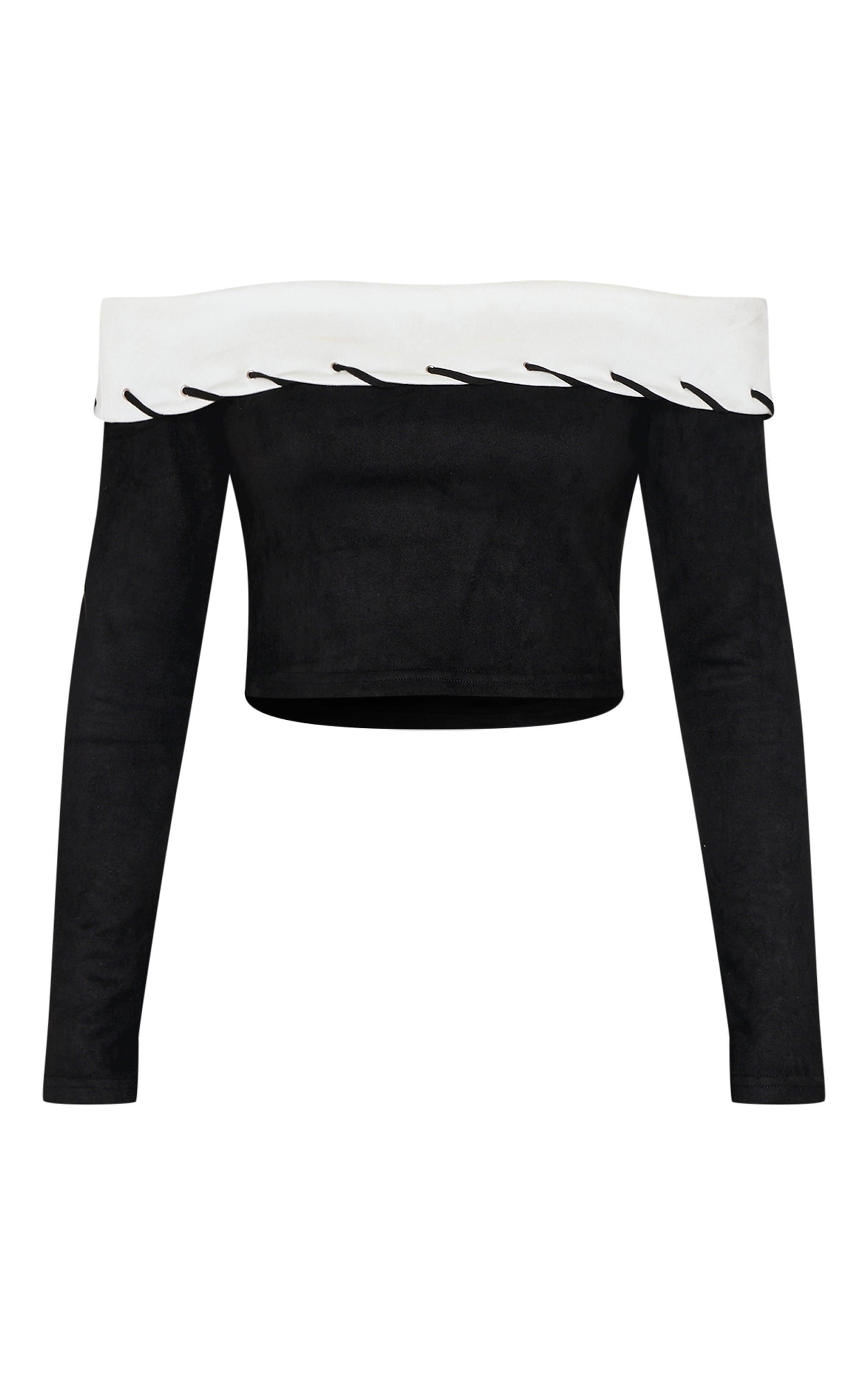 Black Faux Suede Contrast Foldover Stitch Detail Bardot Top Product Image