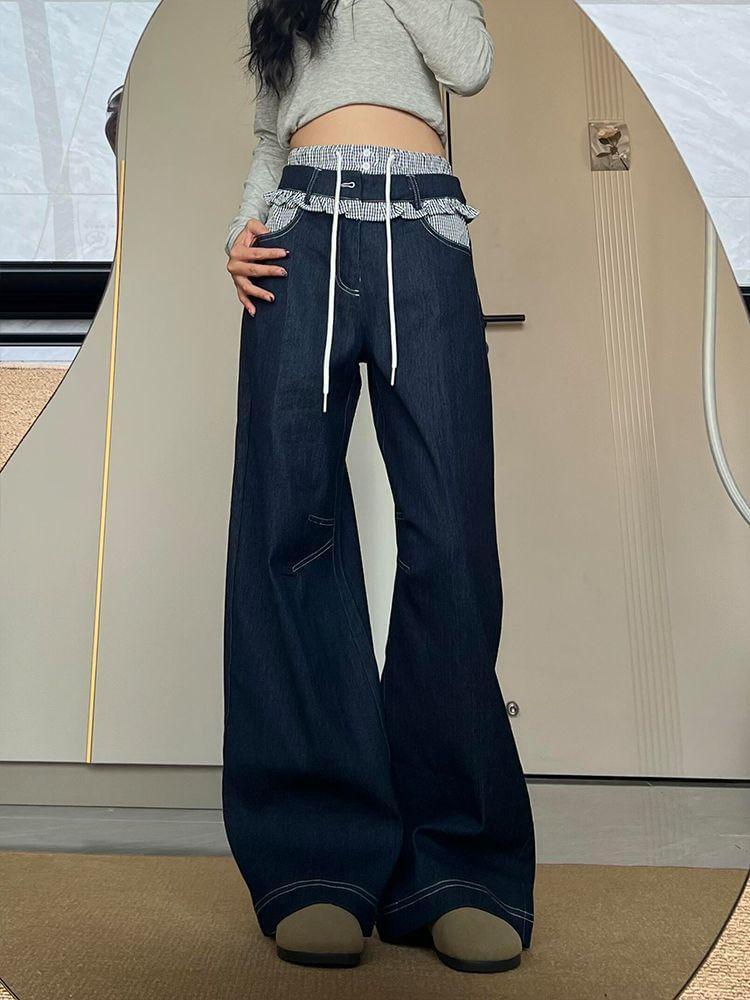 High Rise Plaid Panel Wide Leg Jeans product image