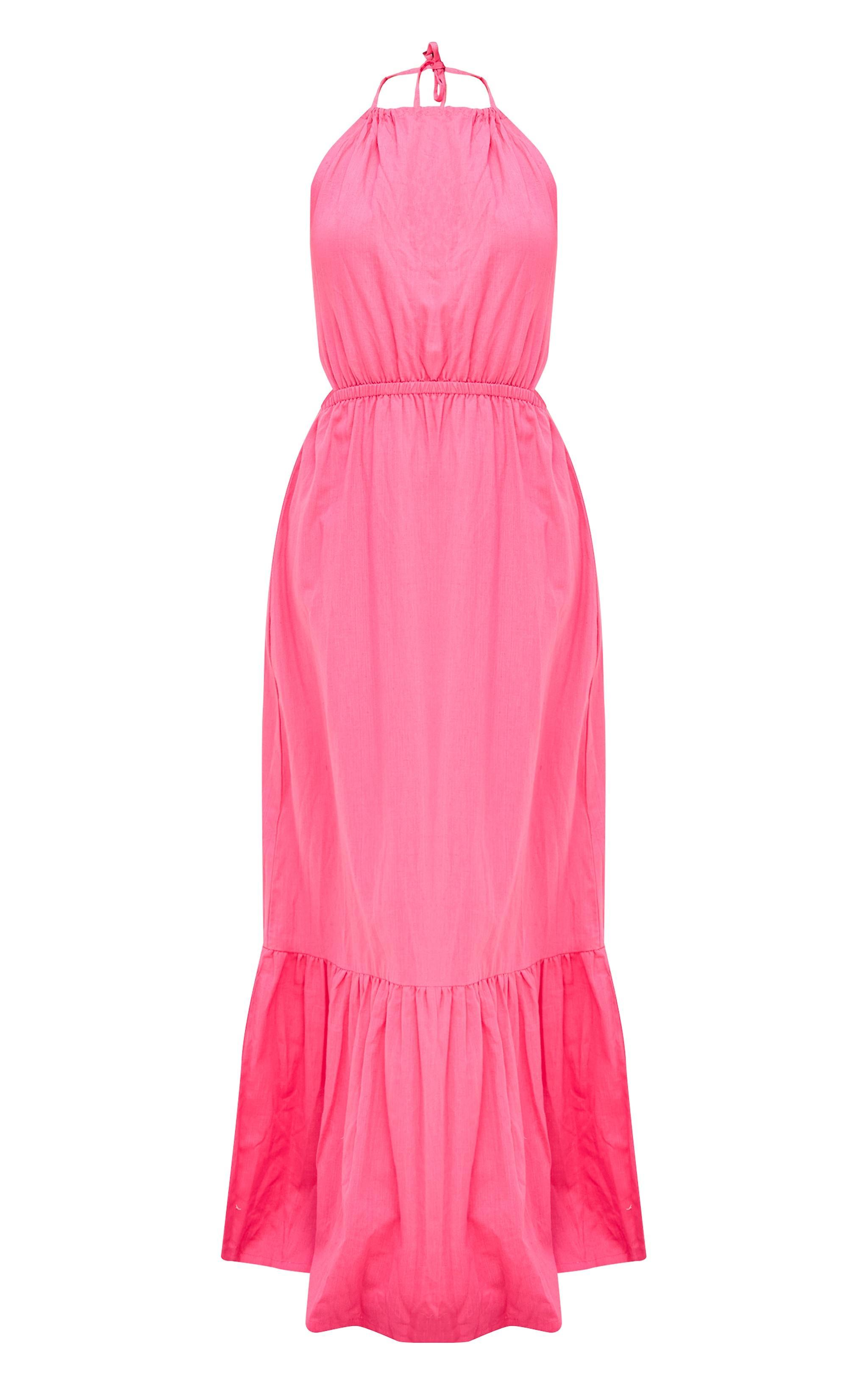 Bright Pink Linen Look Halterneck Backless Maxi Dress Product Image