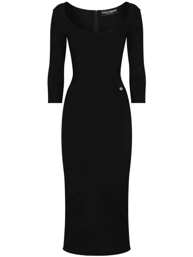 DOLCE & GABBANA Fitted Midi Dress With Logo Plaque In Black Product Image