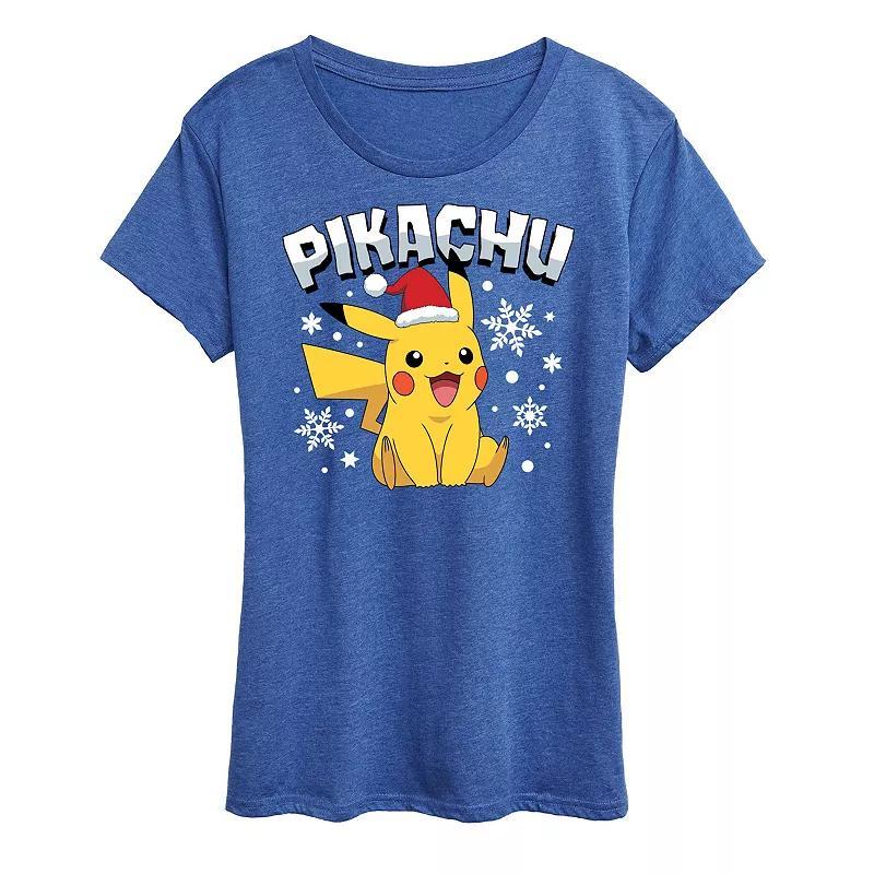 Missy Pokemon Pikachu With Santa Hat Graphic Tee, Womens Grey Royal Blue Product Image