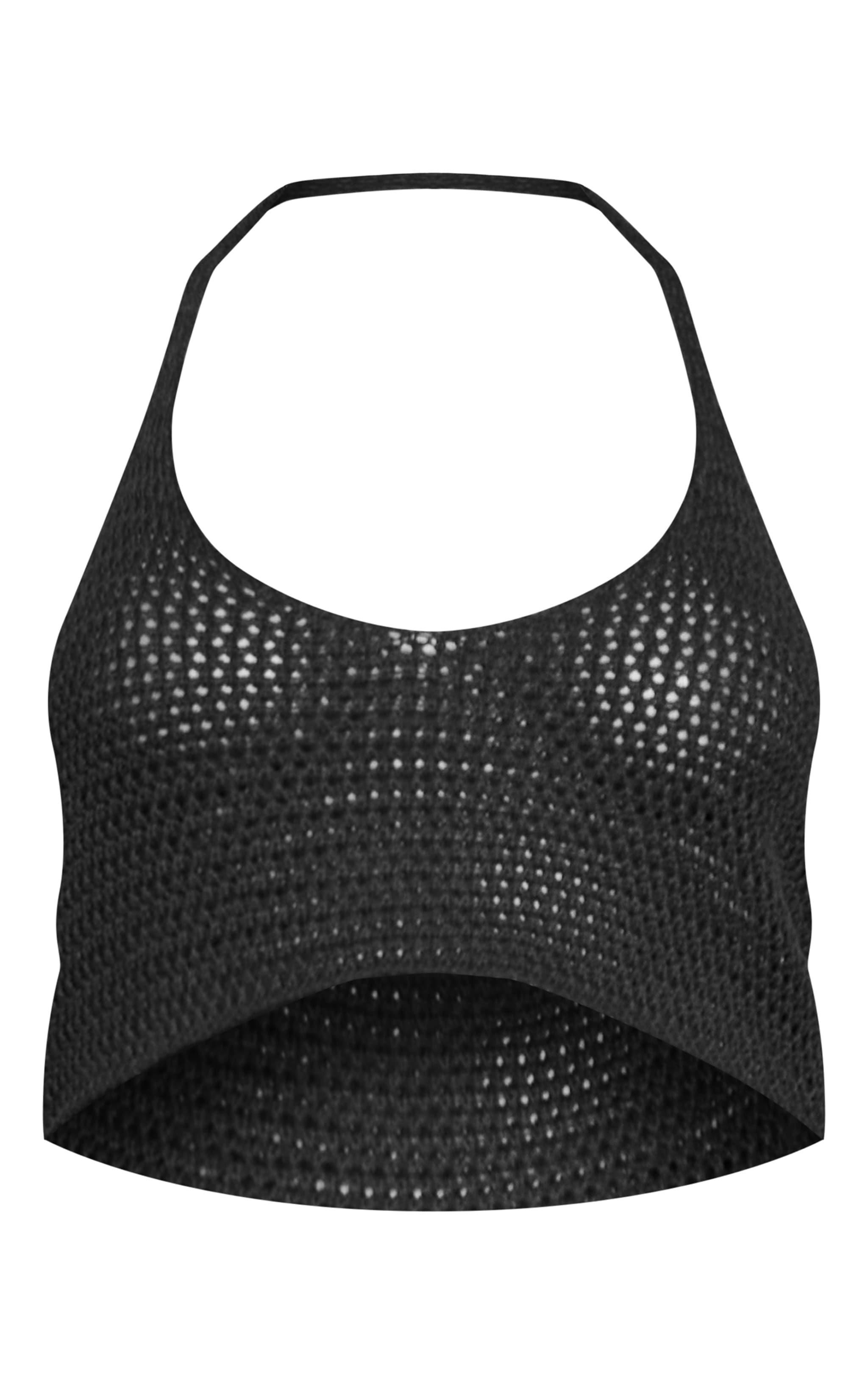 Black Crochet Plain Knit Halterneck Crop Top Product Image