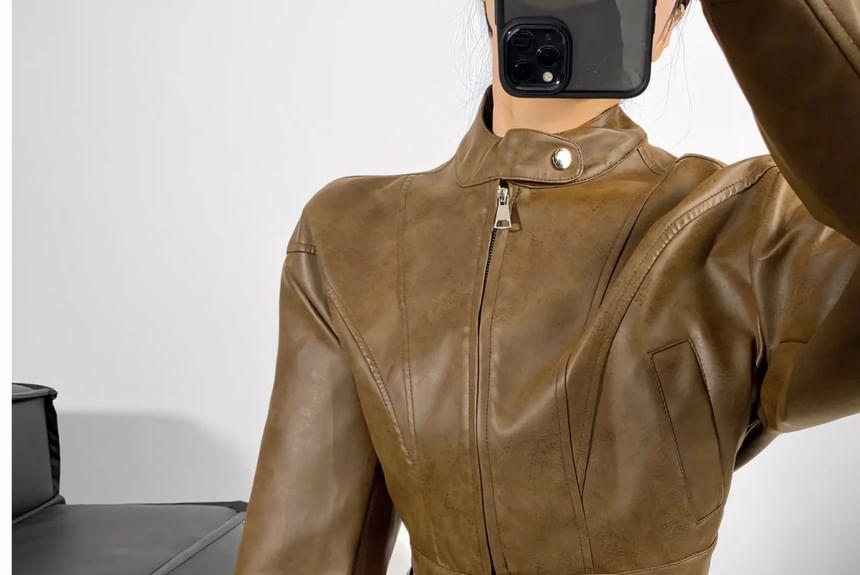 Faux Leather Zip-Up Crop Jacket Product Image