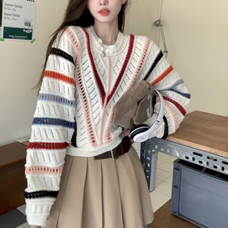 Crew Neck Striped Pointelle Knit Sweater / Cardigan Product Image