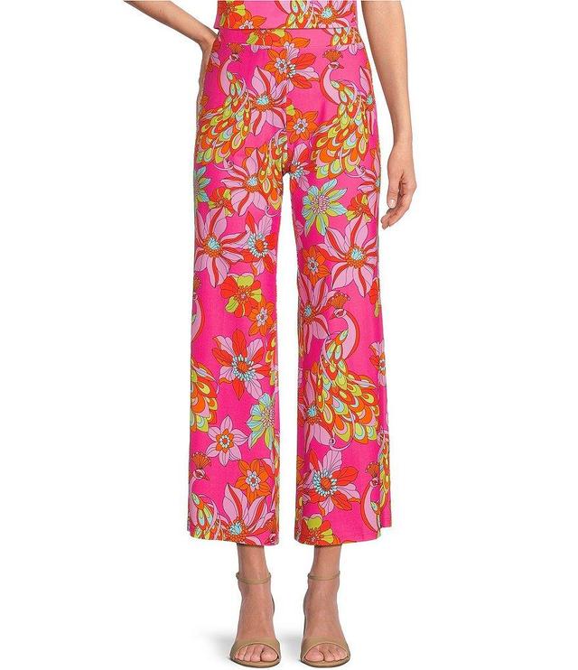 Jude Connally Trixie Twirling Peacock Floral Print Stretch Knit Wide Leg Cropped Coordinating Pull-On Pants Product Image