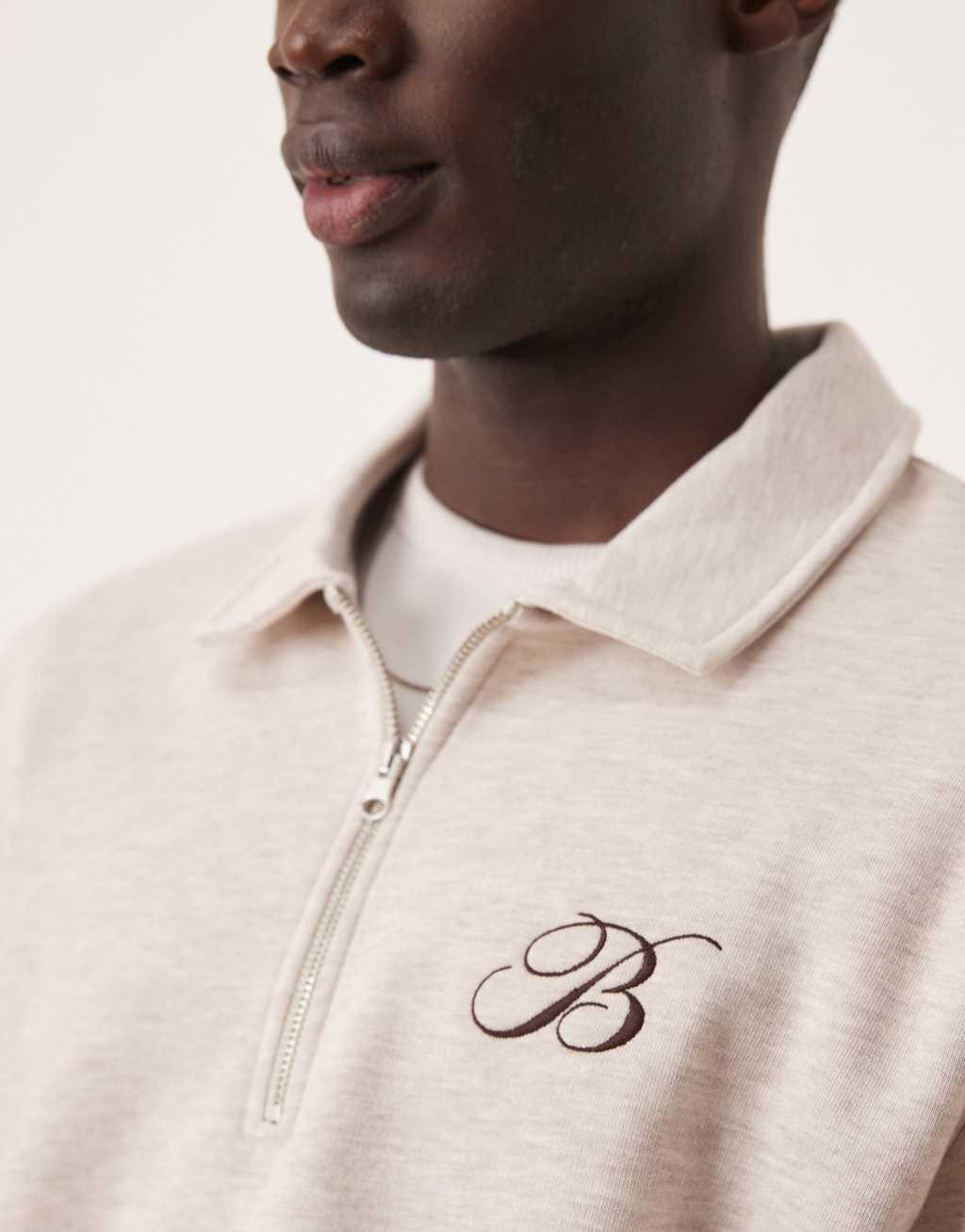 ASOS DESIGN boxy oversized polo sweatshirt with chest embroidery in oatmeal heather Product Image