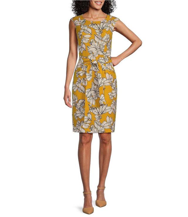 Kasper Printed Crew Neckline Cap Sleeve Zip Pocket Belted Sheath Dress Product Image