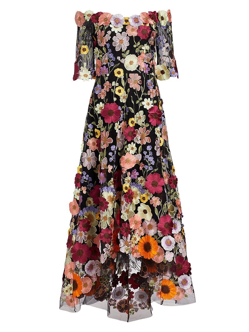 Rickie Freeman for Teri Jon Off-Shoulder Floral Applique Lace Dress - Size: 2 - BLACK MULTI Product Image