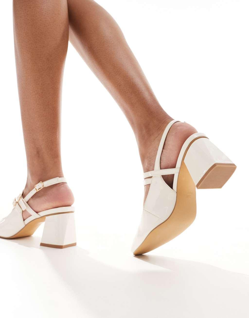 London Rebel Talia wide fit slingback mid block heel in cream Product Image