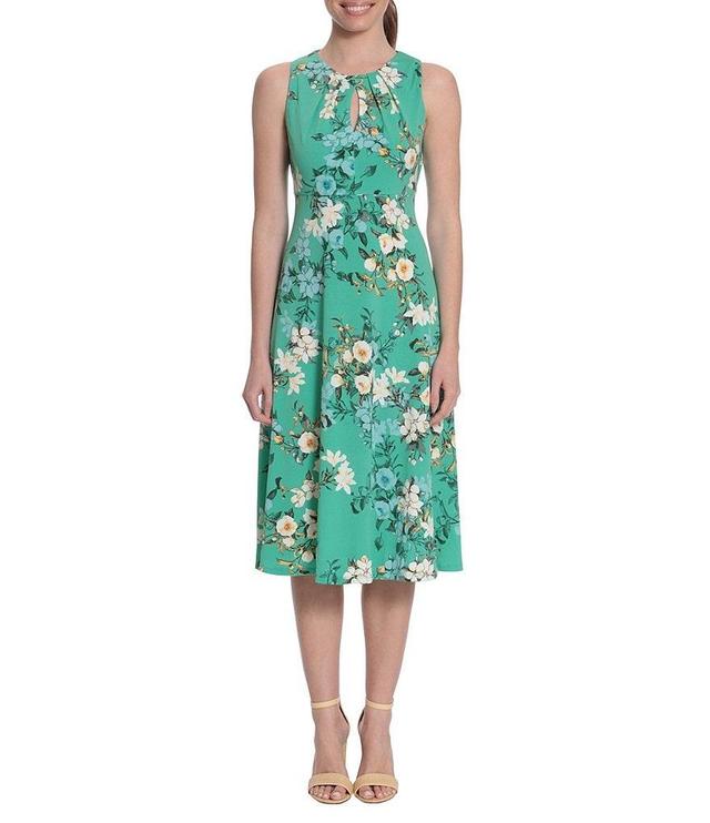 London Times Floral Print Sleeveless Pleated Keyhole Neck Midi Dress Product Image