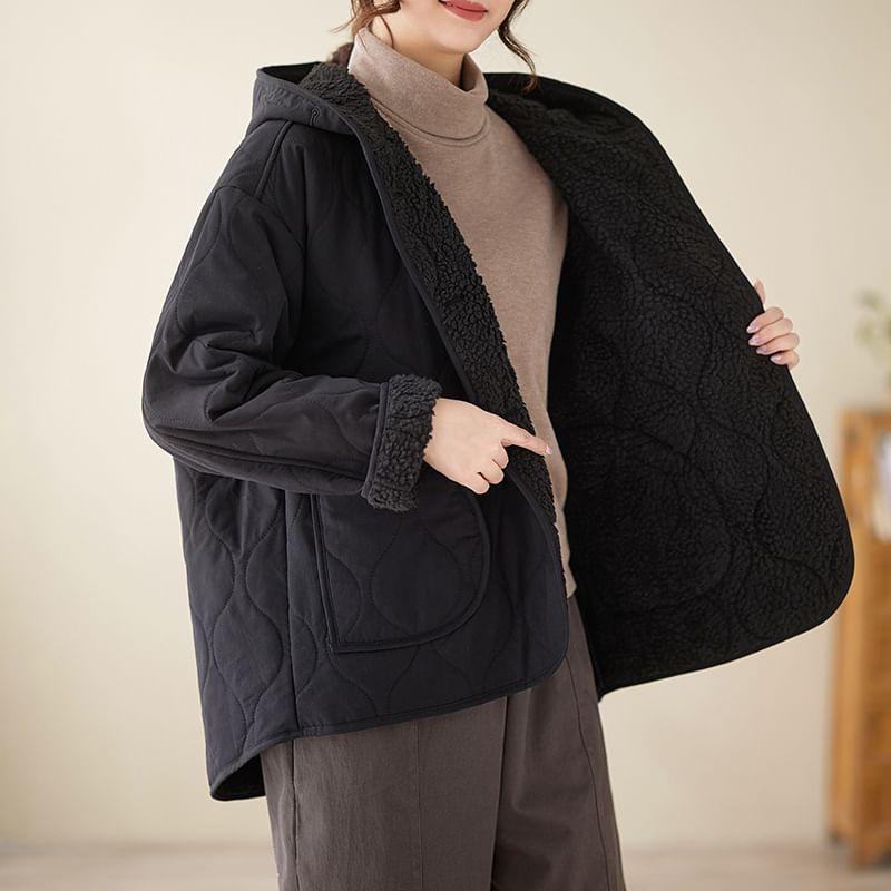 Plain Quilted Hooded Fleece-Lined Button Jacket Product Image