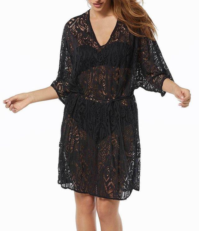 Carmen Marc Valvo Crochet V-Neck Tie Belt Caftan Cover-Up Product Image