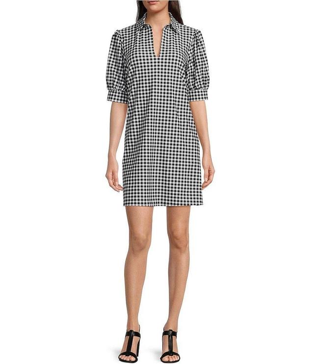 Jude Connally Emerson Gingham Print Jude Cloth Knit Point Collar Puffed Sleeve Shift Dress Product Image