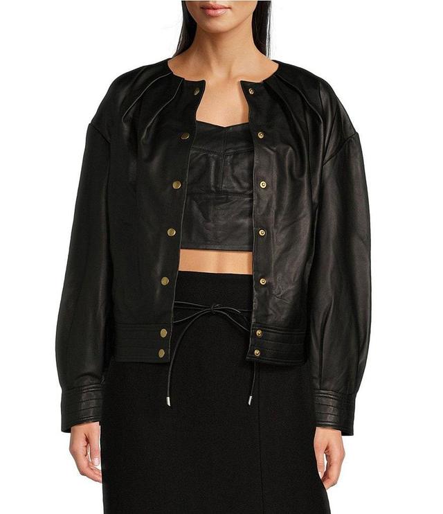 Le' AL.X Leather Ruched Crew Neck Long Sleeve Button Front Bomber Jacket Product Image