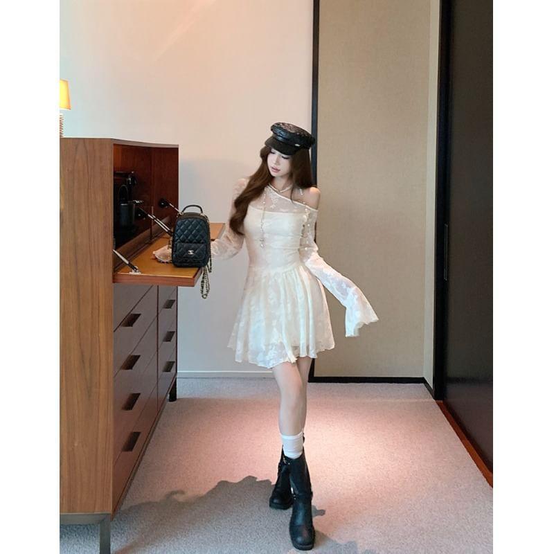 Long-Sleeve Off-Shoulder Lace Mini A-Line Dress Product Image