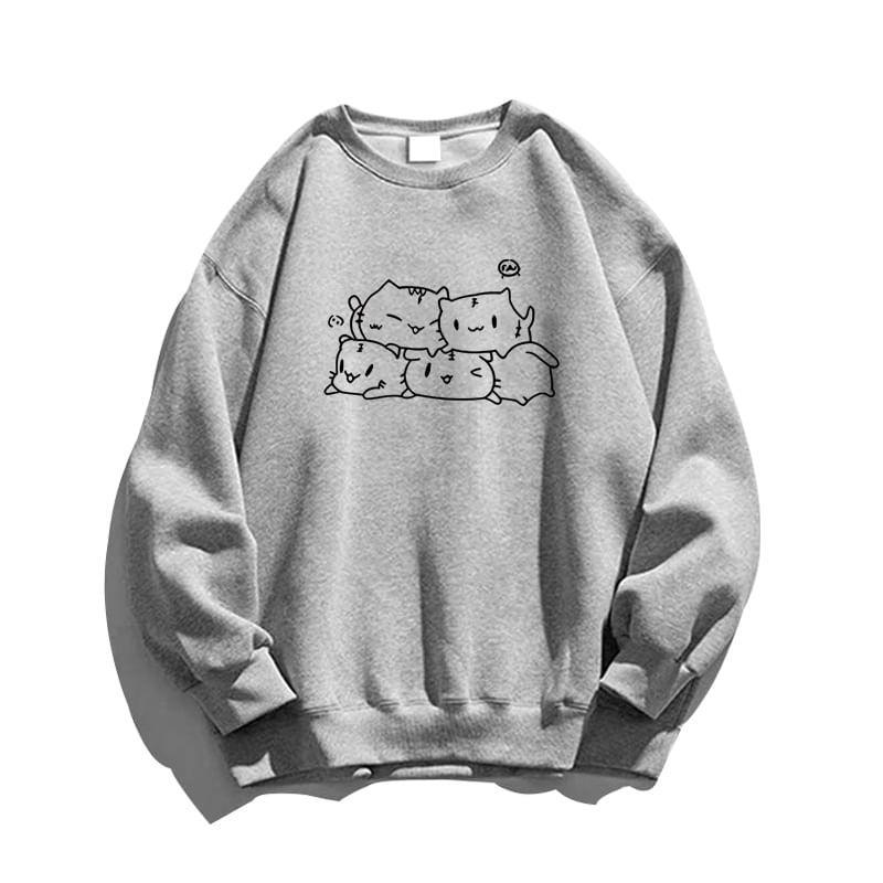 Long-Sleeve Crew Neck Cat Print Pullover Product Image