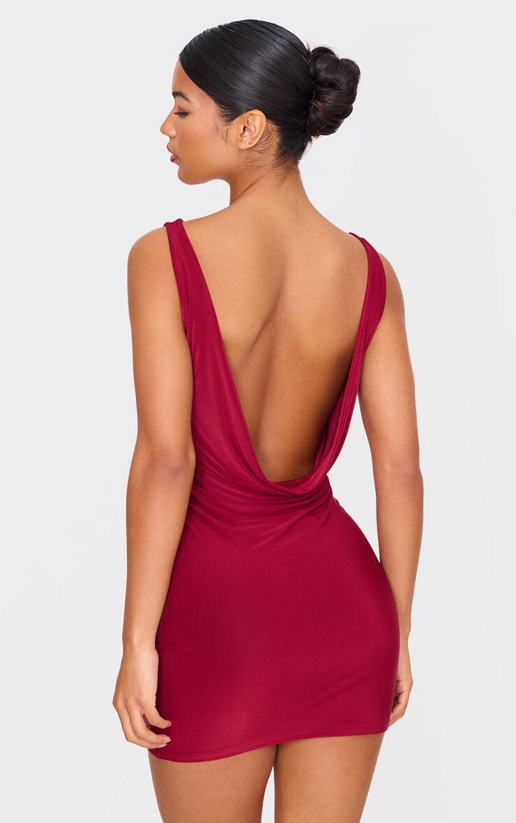 Burgundy Racer Neck Cowl Back Mini Dress Product Image