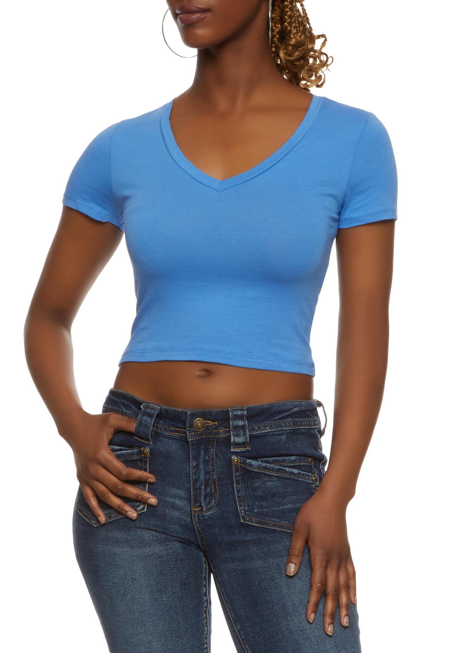 Womens Solid Cropped V Neck Tee Product Image