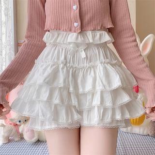 Elastic Waist Plain Bow Accent Lace Trim Tiered Ruffle Mini A-Line Skort Product Image