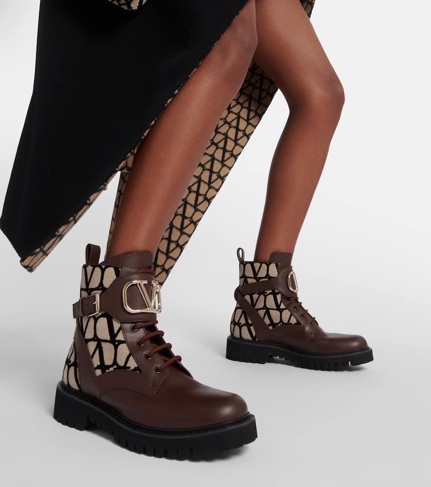 VALENTINO GARAVANI Logo-embossed Leather Combat Boots In Brown Product Image