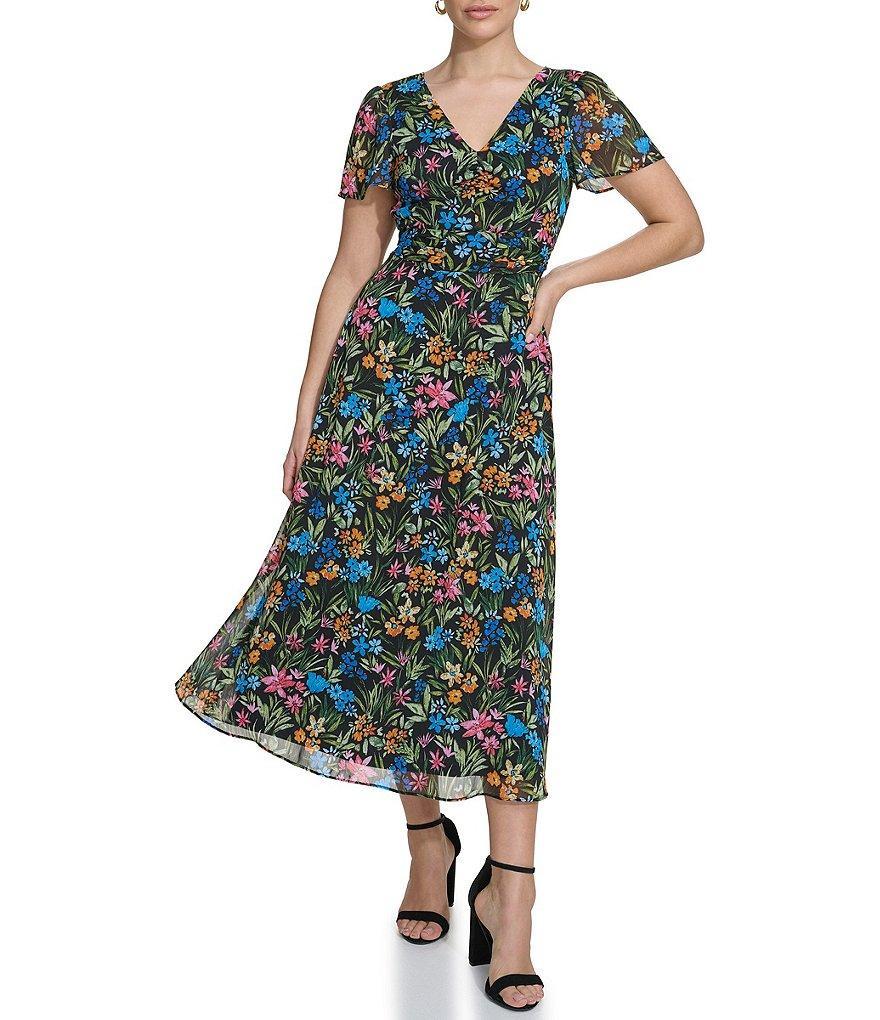 Kensie Floral Print Chiffon V Neckline Short Flutter Sleeve A-Line Dress Product Image