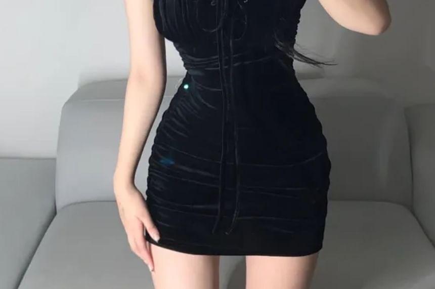 Two-Way Velvet Lace-Up Slim-Fit Halter Mini Dress Product Image