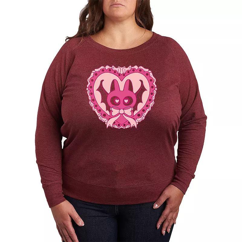 Plus Size Bat Cat Coquette Lightweight French Terry Sweatshirt, Womens Grey Dark Red Product Image