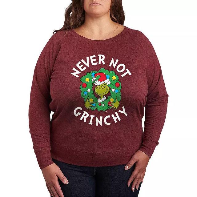 Plus Size Dr. Seuss Grinch Never Not Grinchy Lightweight French Terry Sweatshirt, Womens Grey Dark Red Product Image