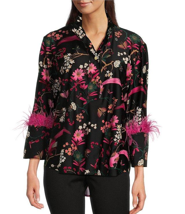 Jude Connally Belinda Floral Menagerie Print Jude Cloth Stretch Knit Wrinkle-Free Stand Collar 3/4 Sleeve Top Product Image