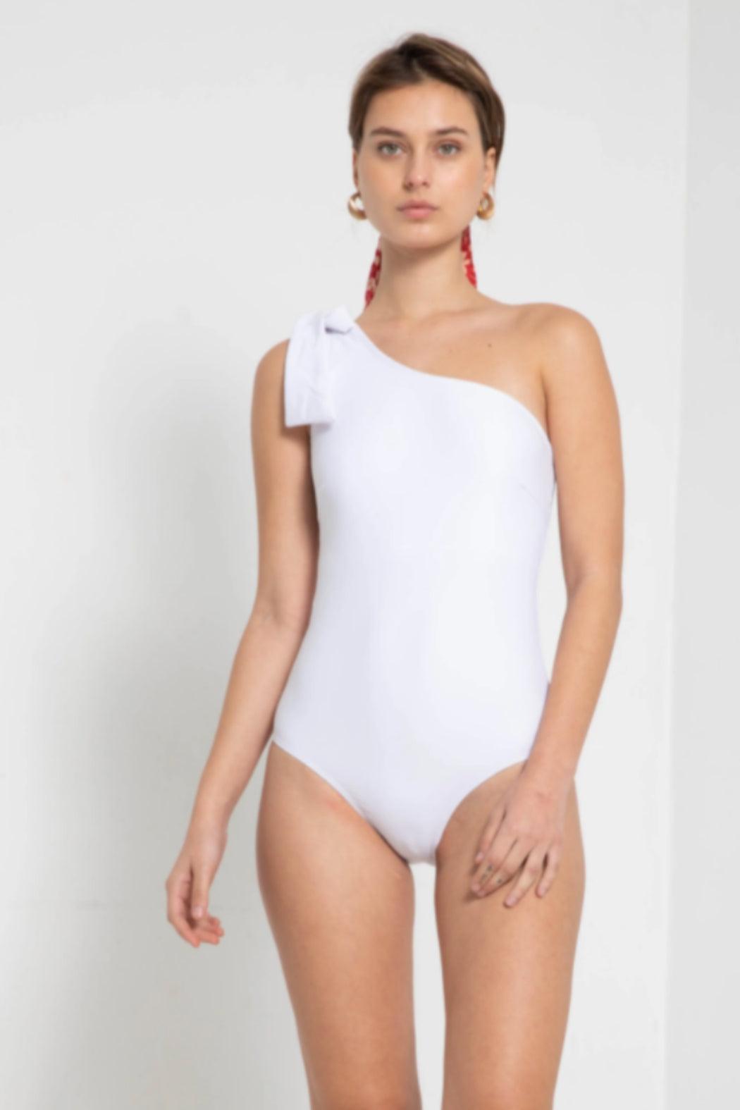 One-Off Shoulder with Tie Ribbon White Swimsuit Product Image