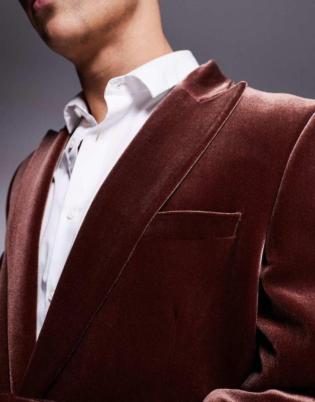  ASOS DESIGN slim fit velvet blazer in brown Product Image