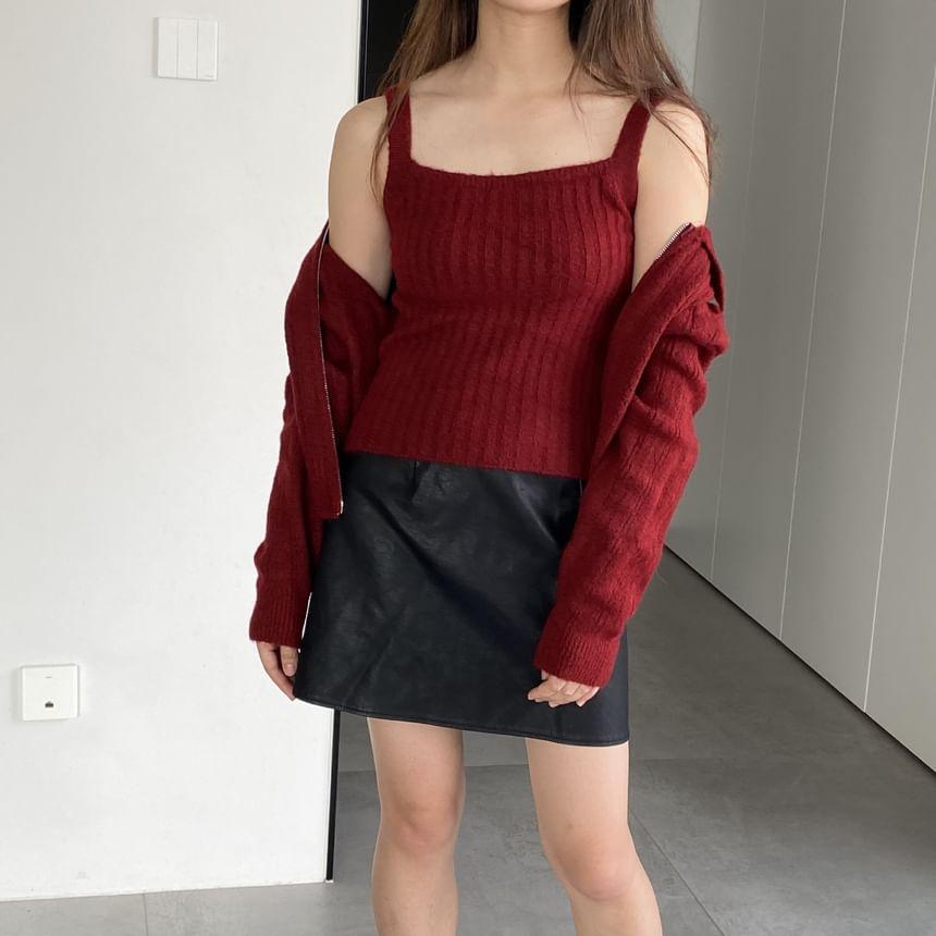 Set: Ribbed Knit Plain Cami Top + Collared Plain Zip Jacket Product Image