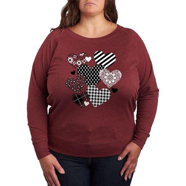 Missy Plus Size Patterned Hearts Long Sleeve, Womens Grey Maroon Product Image