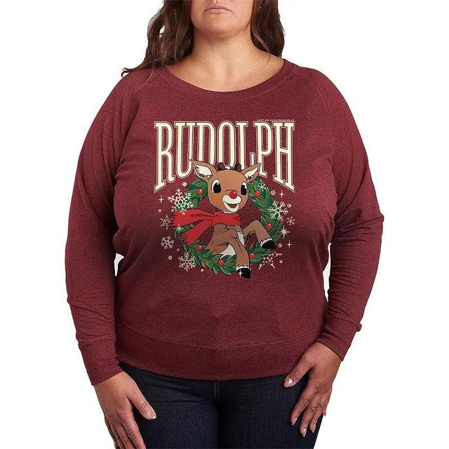 Plus Size Rudolph Wreath Lightweight French Terry Sweatshirt, Womens Grey Maroon Product Image