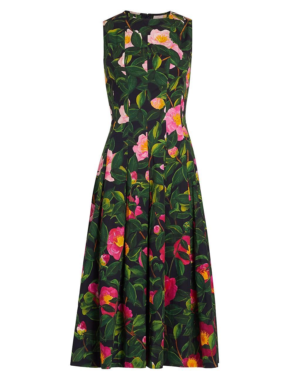 Womens Camellia Print Poplin Fit & Flare Dress Product Image