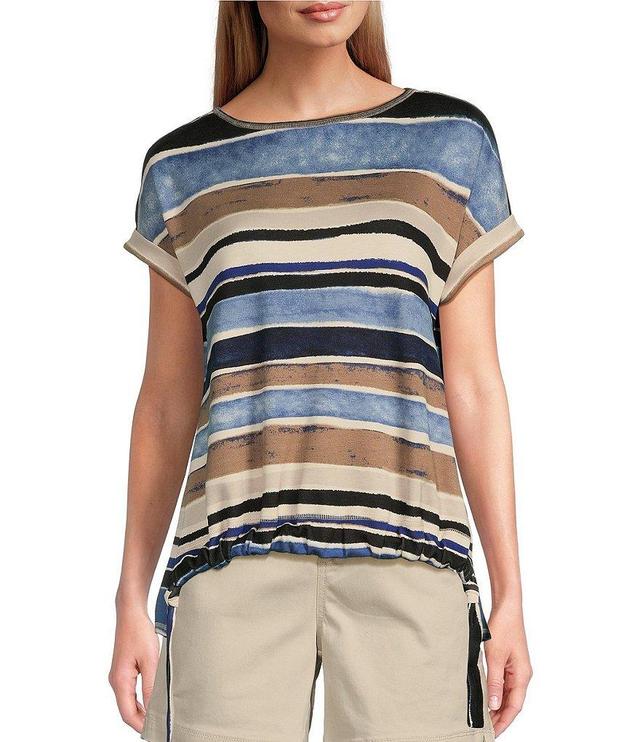 Westbound Striped Crew Neck Short Sleeve Scrunched Waist Top Product Image