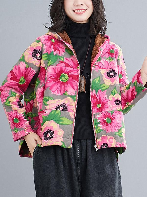 Artistic Retro Velvet Floral Printed Zipper Hooded Long Sleeves Outwear Product Image